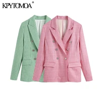 kpytomoa women 2021 fashion double breasted houndstooth blazer coat vintage long sleeve welt pockets female outerwear chic veste