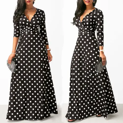 

Women Polka Dot Long Sleeve Maxi Dress Boho Ladies Sexy V Neck Slim Long Dress Fashion Ladies Dress