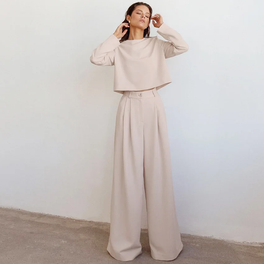 

Spring New Temperament Commuter Round Neck Shirt Is Thin Wide-leg Pants Women European and American Casual Suit Two-piece 2021