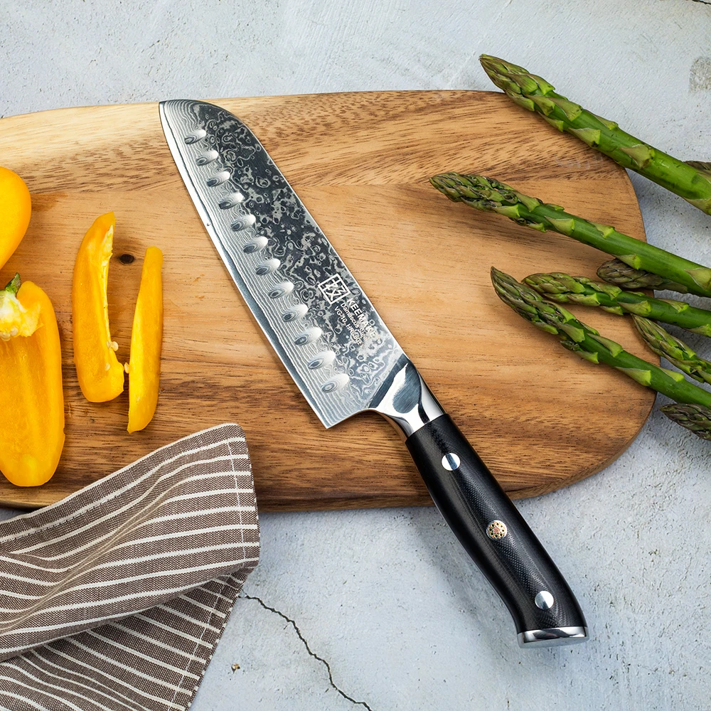 Нож шеф-повара Sunnecko 7 дюймов Santoku Кухонные ножи Японской стали дамасского VG10 ядра Острый, обработанный лезвием Рукоятка из G10.