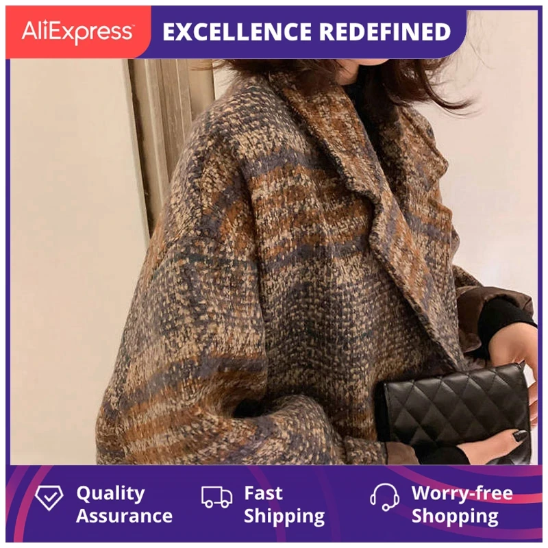 

Winter Korean Overcoat Women Vintage Woolen Loose Coats Female Double Breasted Turn-Down Collar Overcoat