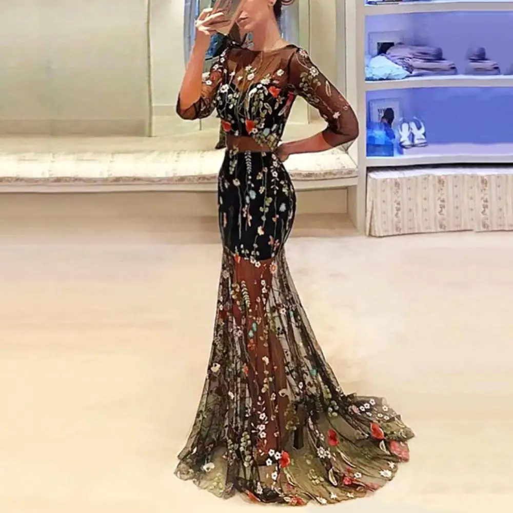 

Floral Dress Sexy 2021 Women Sexy Mid-sleeve Large Swing Embroidered Bodycon Cocktail Party Maxi Dress