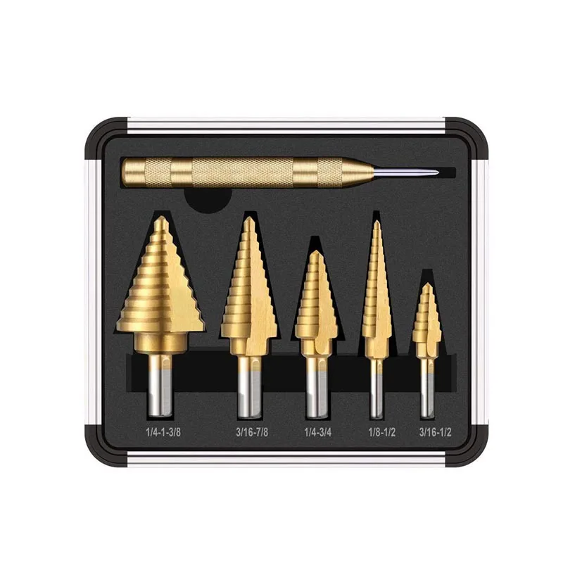 

6pcsBritish pagoda drill aluminum combined high speed steel reaming Tapper sets Triangle handle titanium-plated step drill bit