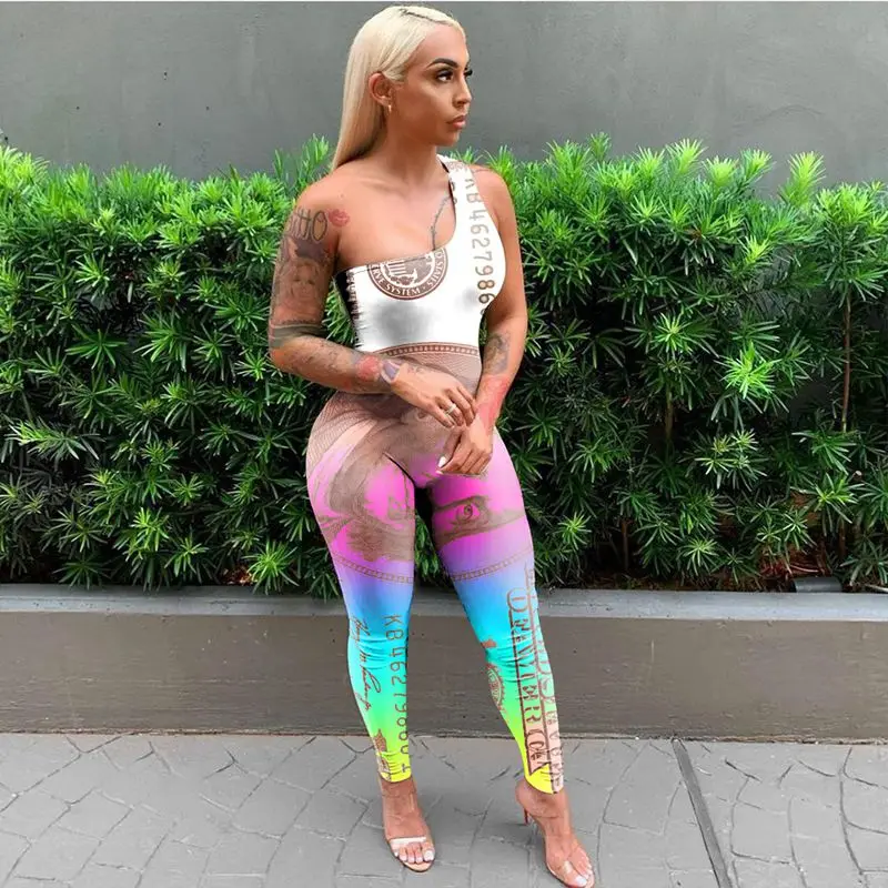 

ZKYZWX trendy Money print One Shoulder Bodycon Jumpsuit for 2021 Fashion Women One Piece Club Outfits Summer Clothes Sportwear