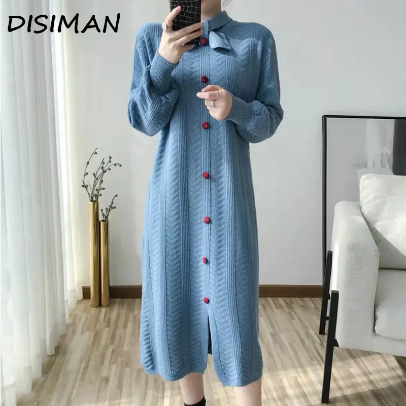 DISIMAN осень 2019 корейский стиль Женская одежда вязаный черный длинный свитер