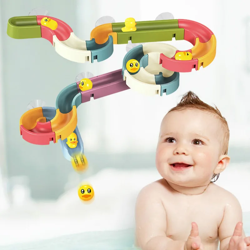 

Kids Bath Toys DIY Slide Indoor Waterfall Assembling Tracks Yellow Ducks Car Slot Bathroom Baby Shower Play Water Games Toy Set