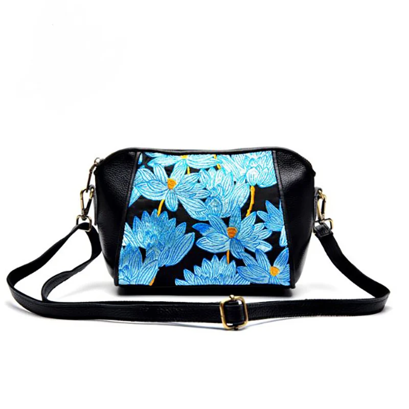 

Female exquisite embroidery bags New Chinese style leather blue lady handbag Flower fashion high quality messenger shoulder bags