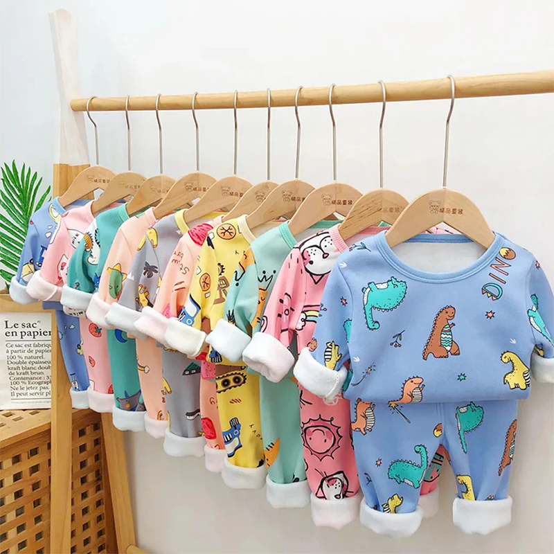 

Kids Pajamas Suit Winter Children Warm Underwear Set Sleepwear Kids Clothes Sets Thickened Cartoon Girl Plush Boys Clothing 2021