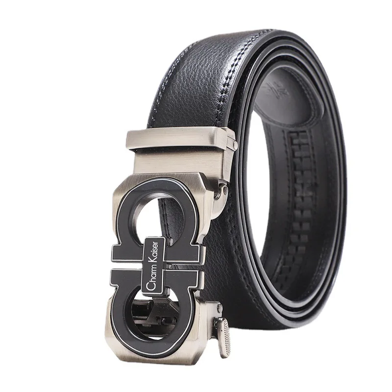 

CalacmKlel Brand Men's Leather Genuine Belt Black Fashion Alloy Luxury Automatic Buckle Youth Leather Simple Business Men's Belt