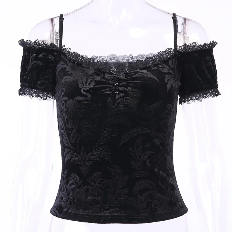 

Women Velvet Gothic Lace Bandage Sleeveless Vest Crop Tops Tank Tops Shirt Sexy V Neck Vest Camisole Female Clothing Tank