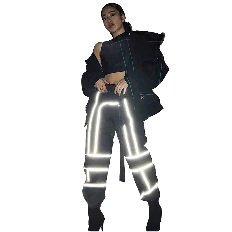 

fashion women hip hop trousers pants young lady sweat pants luminous bottom girl reflective stitching casual harem pants