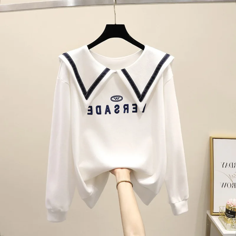 

Spring and Autumn New Navy Collar Women Korean Style Lazy Style Simple Letter Embroidery Loose Pullover Long Sleeve Top