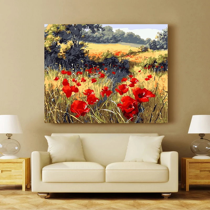 Картина с красными цветами по номерам красная Поппи закат Трава Пейзаж ручной