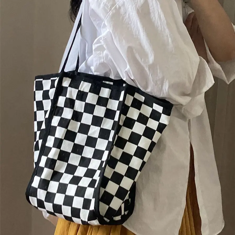 Women Canvas Shoulder Bag Grid Zebra-stripe Ins Fashion Shopping Traveling Students Preppy Style Portable Black White