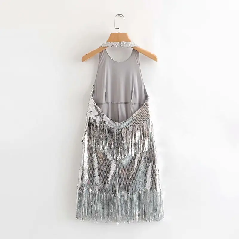 sexy silver sequined party dress women sleeveless backless tassel dress elegant ladies vestido