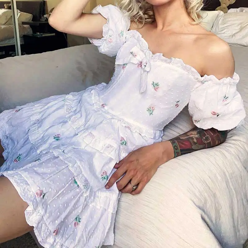 

SALEQI white Off Shoulder Mini Dress floral embroidery summer dress mini puff sleeve ladies dress new 2021 new women dress