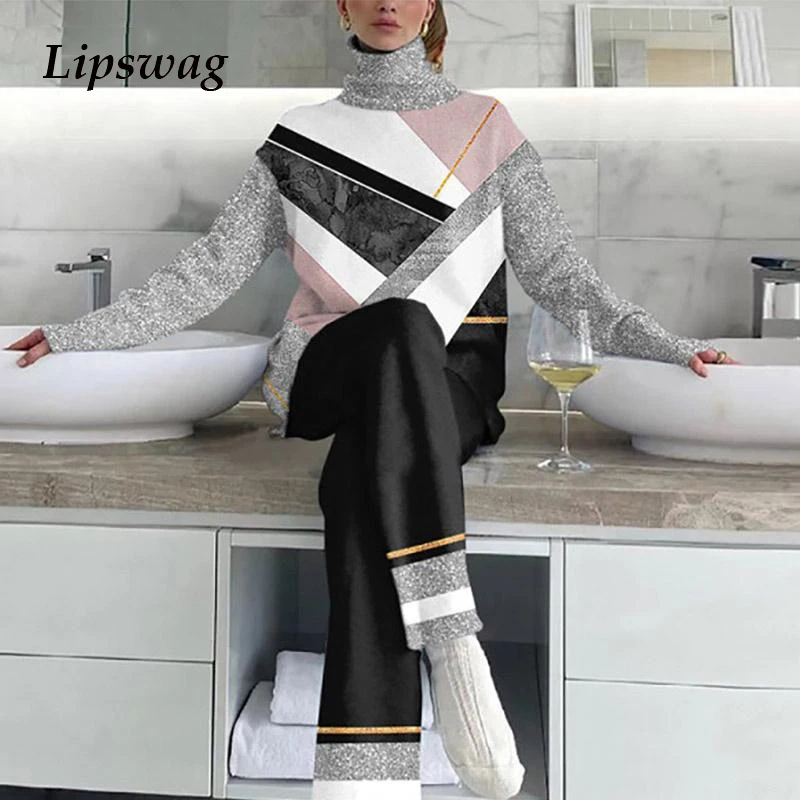 

Women Elegant Tracksuits Fashion Splicing Print Sequins 2021 Piece Sets Casual Turtleneck Long Sleeve Top And Loose Pants Suits
