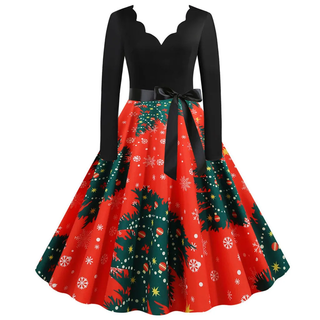 Женское винтажное вечернее платье с длинным рукавом Рождественский принт