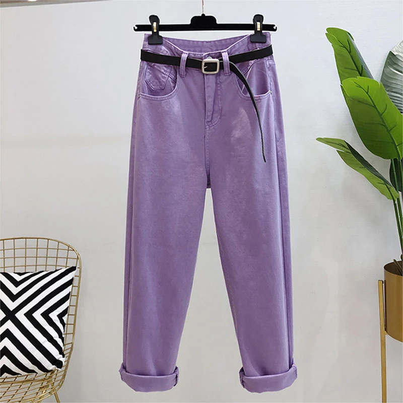 Брюки-карго женские с завышенной талией хлопковые фиолетовые джинсовые штаны