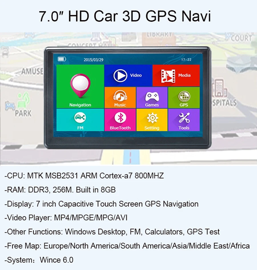 Gps навигатор 7 дюймов Автомобильный gps навигатор MTK 800 МГц ОЗУ 256 м ПЗУ 8G HD 800*480 навигационная система новые карты Поддержка Прямая поставка