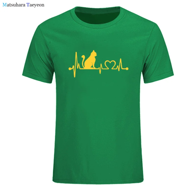

Cat Heartbeat Lifeline Print Tshirt Top Cotton Casual Funny T Shirt Harajuku Tops Tees Cat Lover T Shirt for Men Streetwear