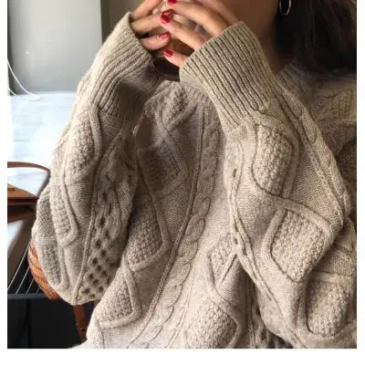 

Fannic 2020 Winter Casual Twist Weave Loose Thick Pullover Round Neck Solid Color Knitted Long Sleeve Sweater Women