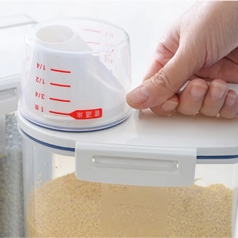 

Portable Rice Bucket With Measuring Cup Storage Cabinet Grain Storage Tank Kitchen Moisture-proof Sealed Tank