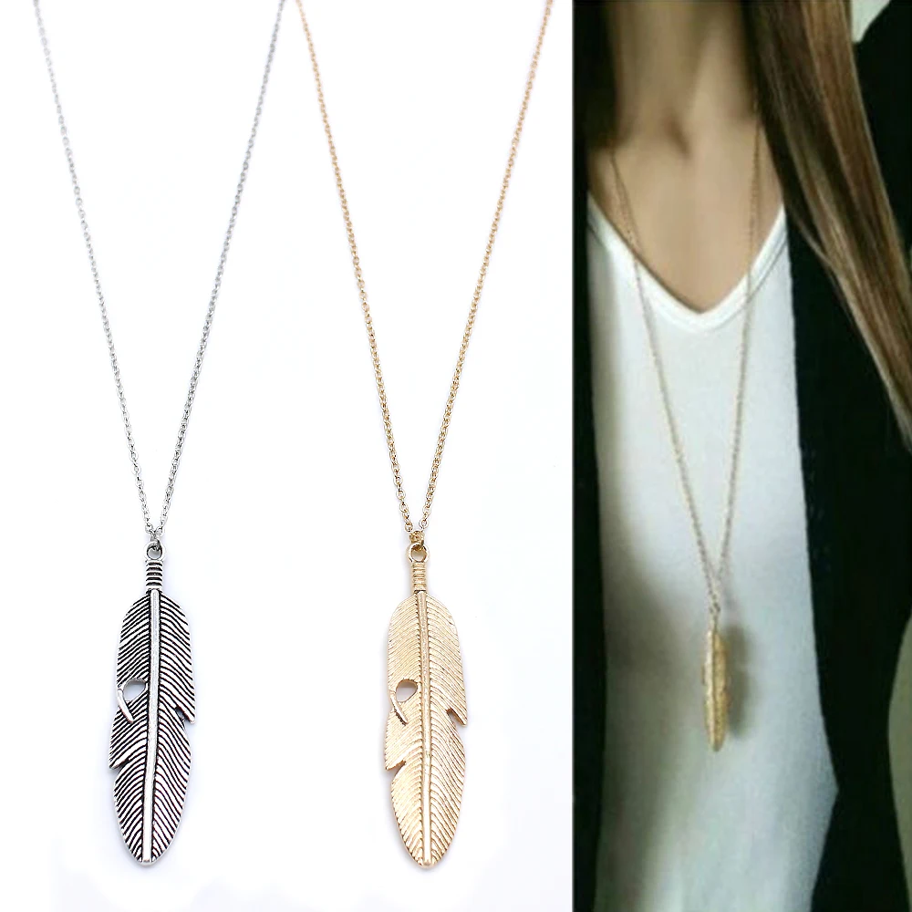 

Leaf Pendant Necklace For Women Long Sweater Chain Statement Feather Necklace Jewelry Collier Femme Collar Choker Kolye