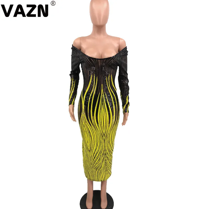 VAZN Autumn Open See Through Heavy Industry Sequined Sexy Club Fashion Slash Neck Full Sleeve High Waist Women Thin Maxi Dress