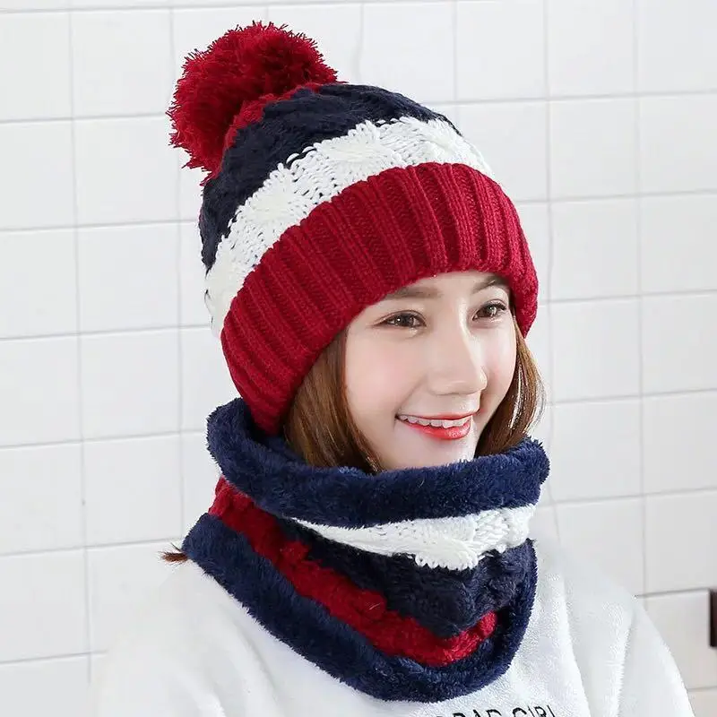 Fashion Winter Hat Scarf Set For Women Girl Warm Beanies Cap Lady Ring Scarf Pompoms Winter Hats Knitted Caps Scarf 2 Pieces
