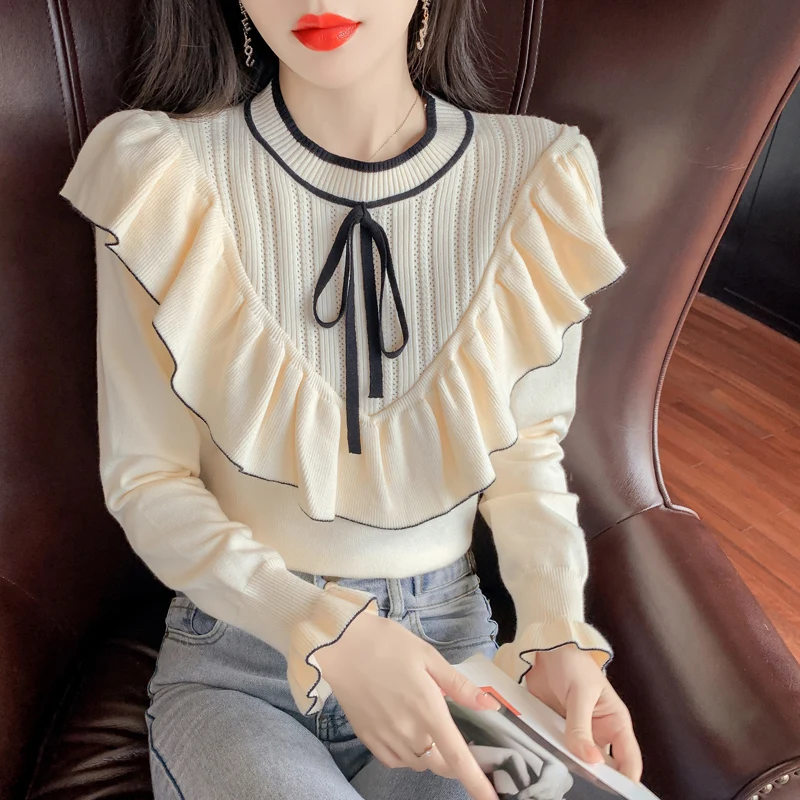 

Sweet Ruffled Sweater Pullovers Women's Ruffles Full Flare Sleeve Laced O-neck Sweaters Jumpers Knitted Tops For Female