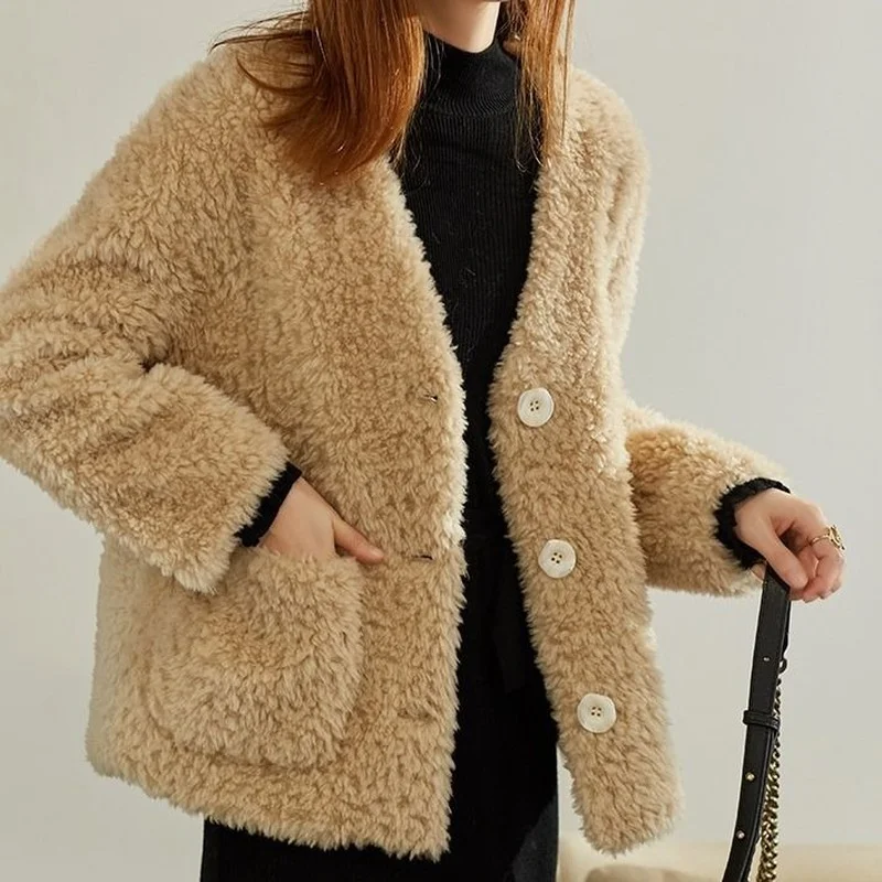Female 2022 Winter Fur Coat Sheep Shearling Jackets Women Casual Coats Korean Style Wool Outerwear Jaqueta Feminina X848