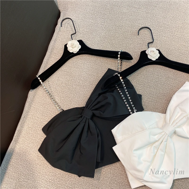 Big Bow Camisole Woman Rhinestone Chain Shoulder Strap 2021 Spring and Summer New Korean Style Temperament Lady Bra Crop Top