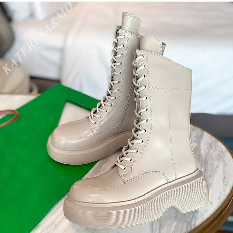 

New Brand Women Boots Genuine Leather Fashion Casual Lace Up Platform Shoes Female Round Toe Ankle Boot Ladies Shoes Winter 2021