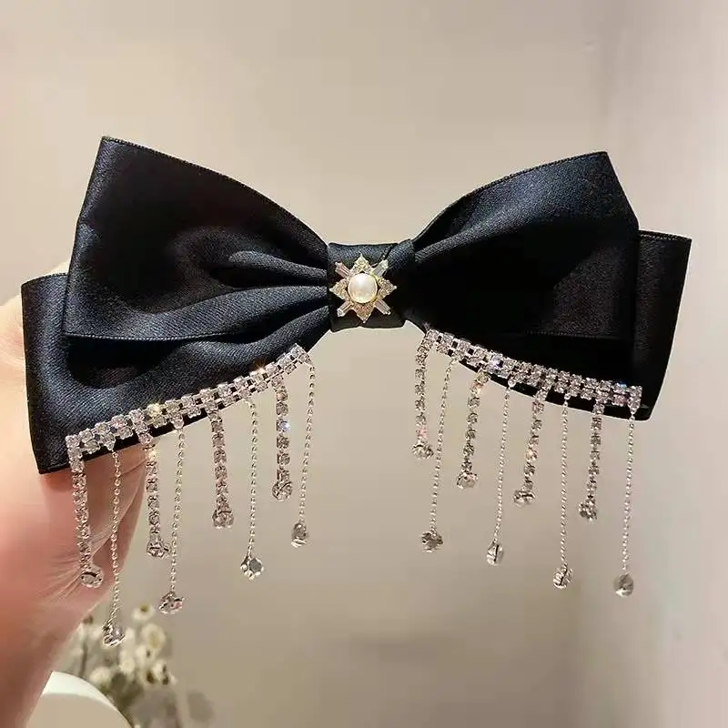 

Fashion personality pearl set diamond bow hair clip tassel spring clip simple hair accessories for women free shipping