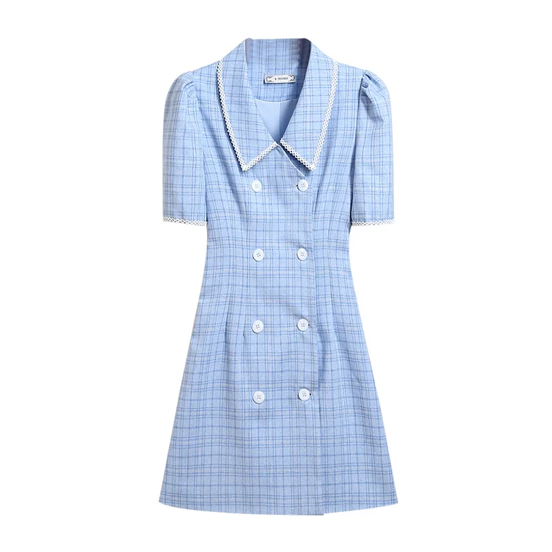 

BGW Elegant Plaid Tweed Short Suit Dress Suit 2020 Summer Autumn Women Single-breasted Jacket Blue Dress Women Blouse Coat