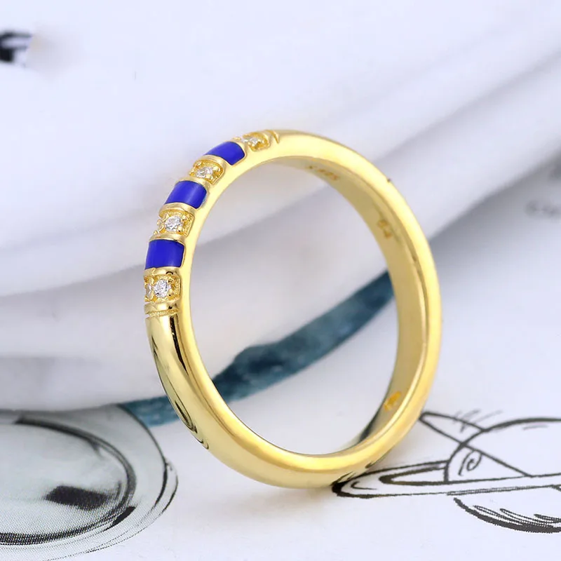 

100% 925 Sterling Silver Pan Ring New Exotic Deep Blue Enamel Stripe Ring For Women Wedding Party Gift Fashion Jewelry
