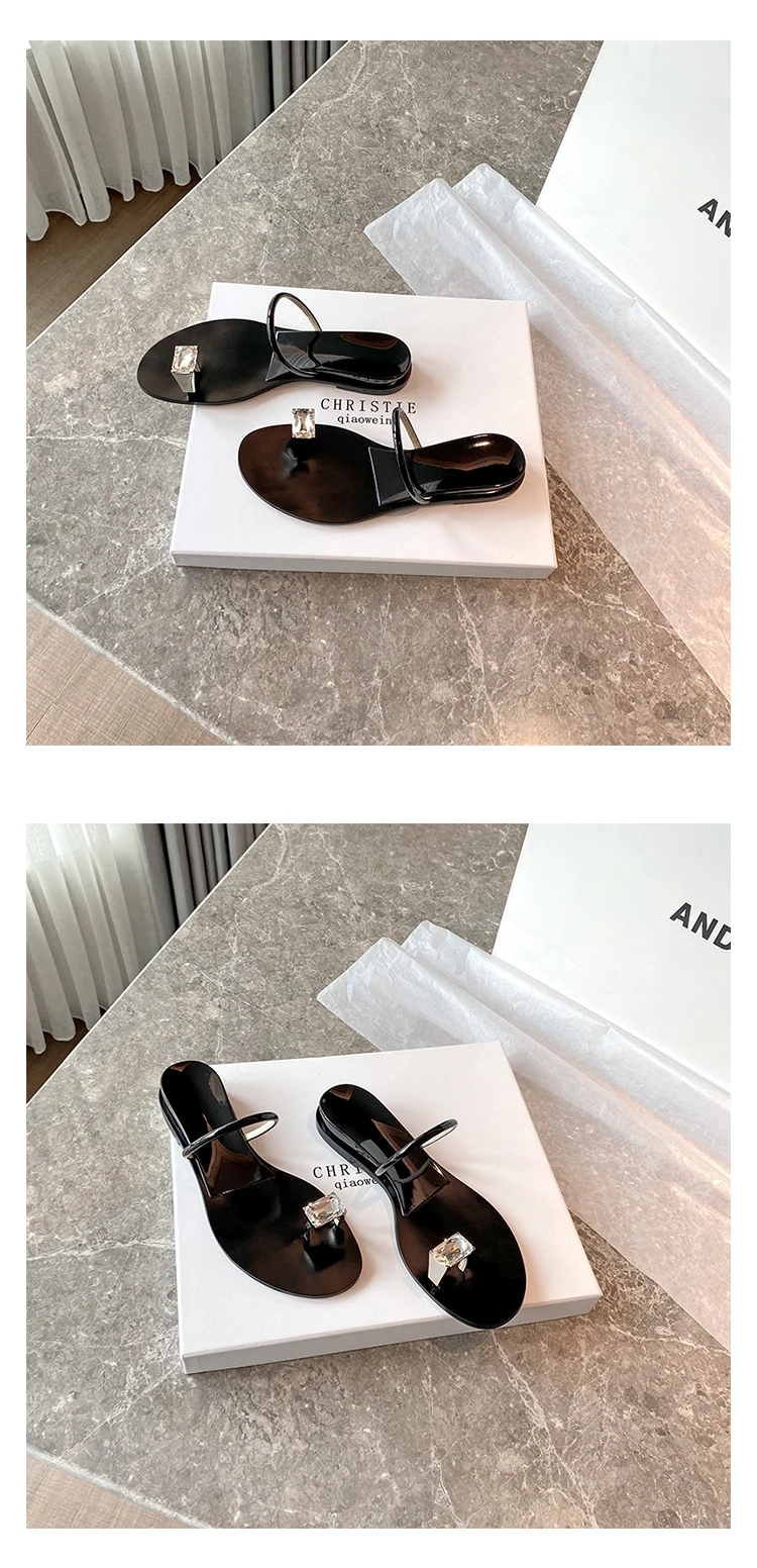 Шлепанцы женские летние тонкие стразы с зажимом 2021 носка на плоской подошве