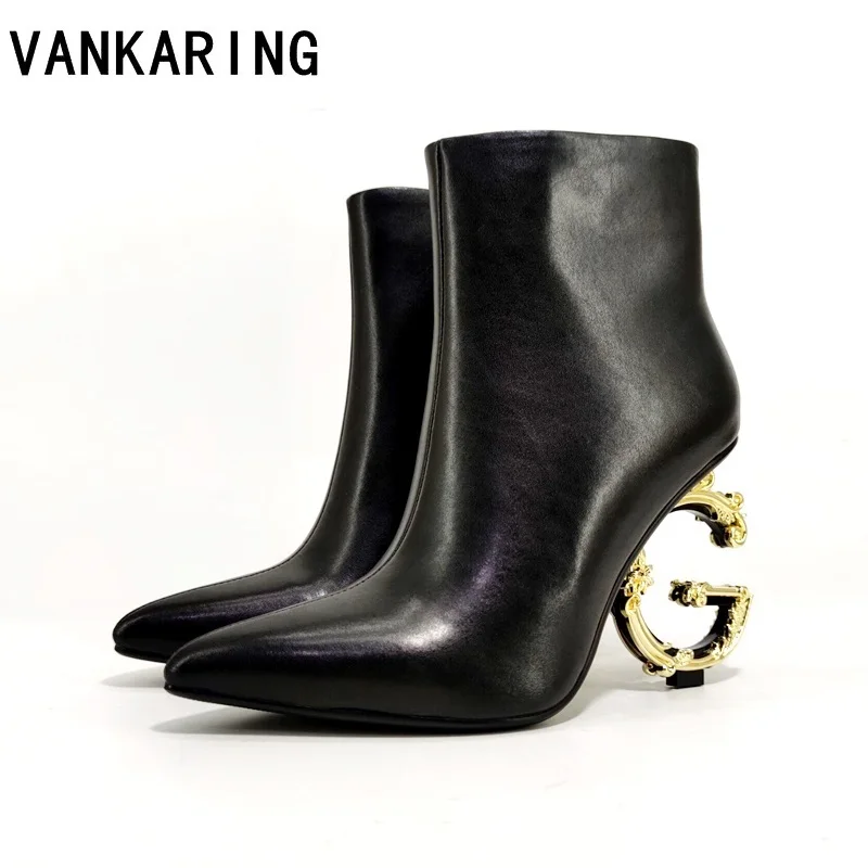 

brand design metal letters cut-out heel genuine leather short ankle boots woman ladies party dress shoes warm autum winter boots