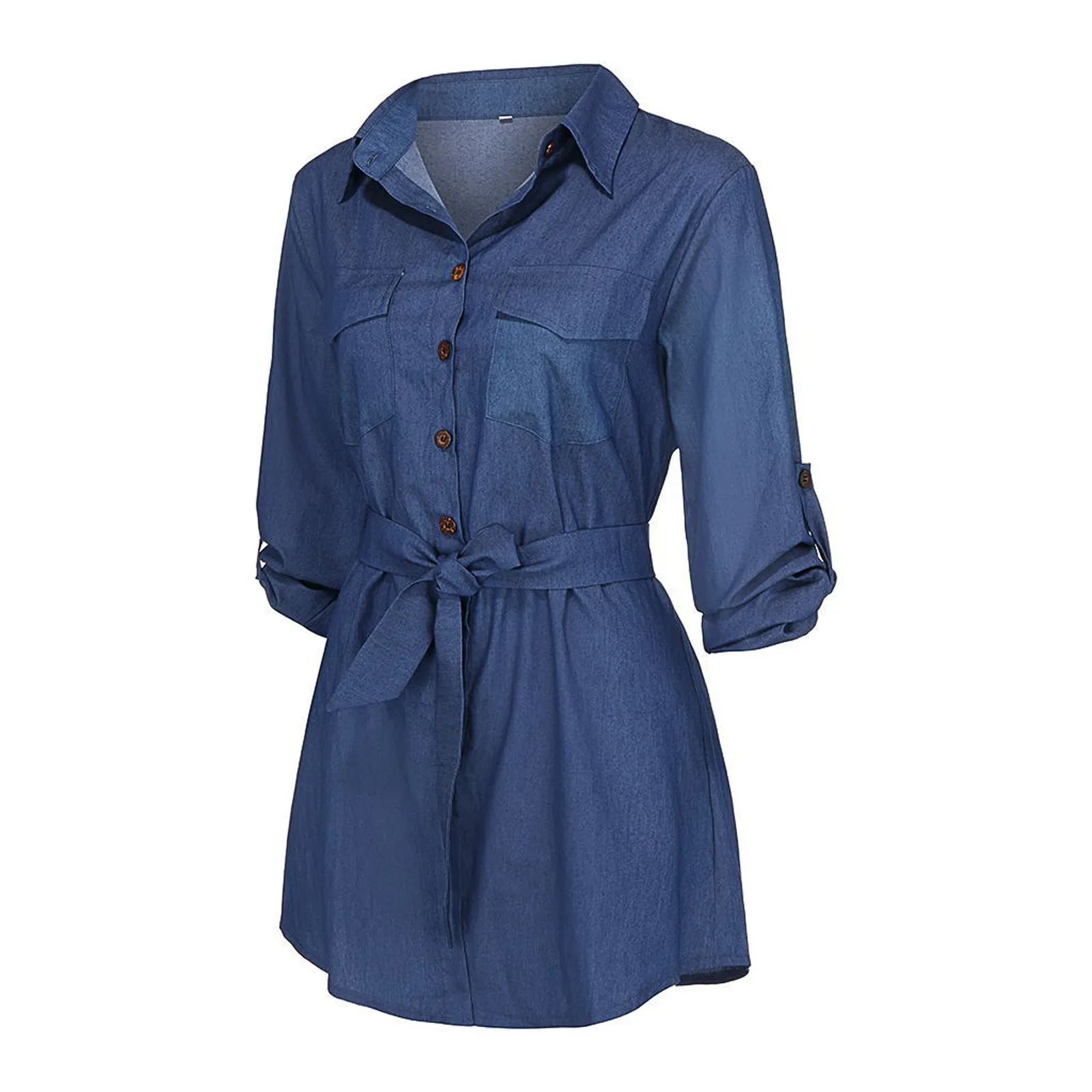 

Summer Women's Casual Solid Color Lapel Long Sleeve Button Bow Tie Denim Dress Dresses for Women robe femme vestidos