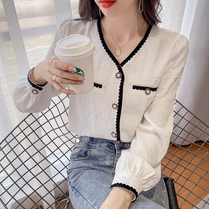 

Fall French Style Chic Blouse Women Fashion White Patchwork Shirt Button Down Shirts For Womens