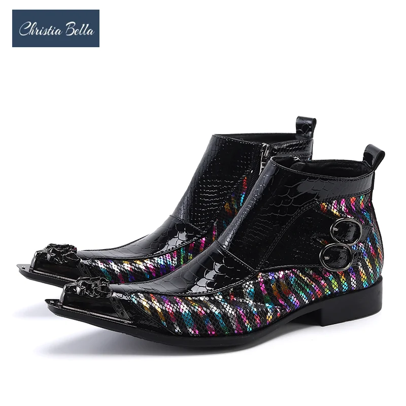 

Christia Bella Metal Pointed Toe Stripe Genuine Leather Man Ankle Boots Nightclub Party Men Short Boots Fashion Boots for Men
