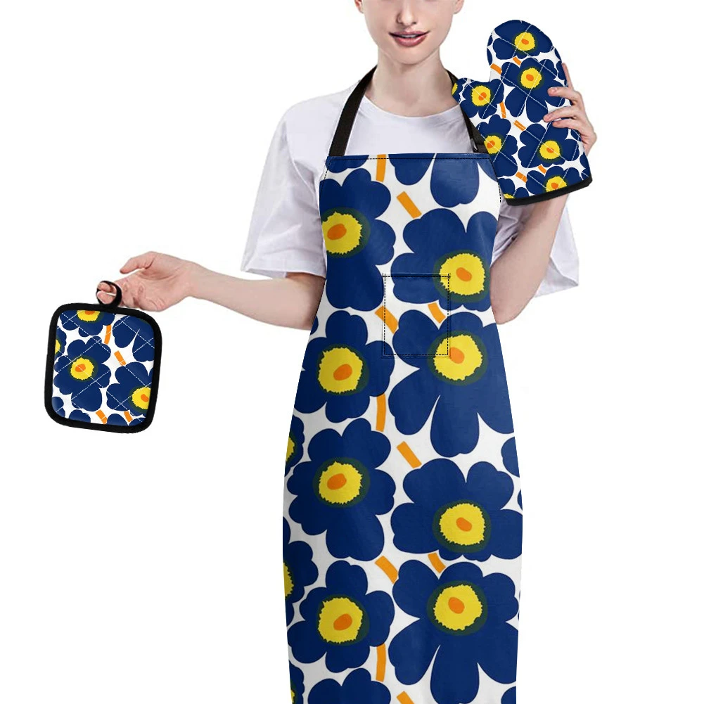 

Home Cook Tools Heat Insulation Gloves Non-slip Mat Clean Apron Set Poppy Flower Pattern Anti Hot Baking Accessories Oven Mitts