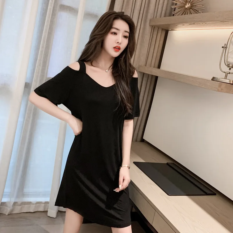 2021 New Cotton Nightdress Women's Off Shoulder Dress Summer Loose Nightwear Home Wear Short Sleeve Nightgown Sexy Sleepwear