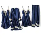 Женский Пижамный костюм из 5 предметов, сексуальное кимоно, халат, Женский комплект для сна, атласные кружевные свадебные шелковые пижамы, Повседневная Свободная Домашняя одежда