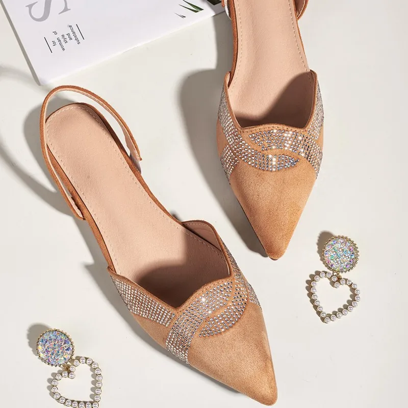 

2021 Spring and Summer Korean New Women's Suede Rhinestones Pointed-Toe Flat Heel Flat Sandals