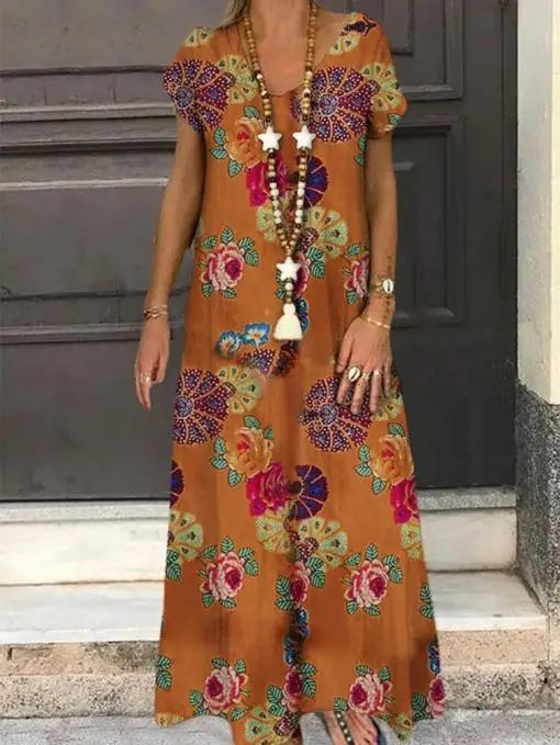 

Summer dress New Fashion Womens Plus Size Casual Short Sleeve Boho Retro Linen Print Long Maxi Dress vestido feminino