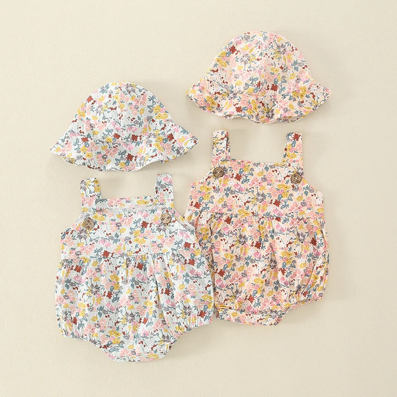 

2021 NEW 2 PCS Baby Girls Clothes Summer Sunsuit Floral Print Princess Rompers+Sun Hat Brief Set Infant Outfit Jumpsuit Clothes