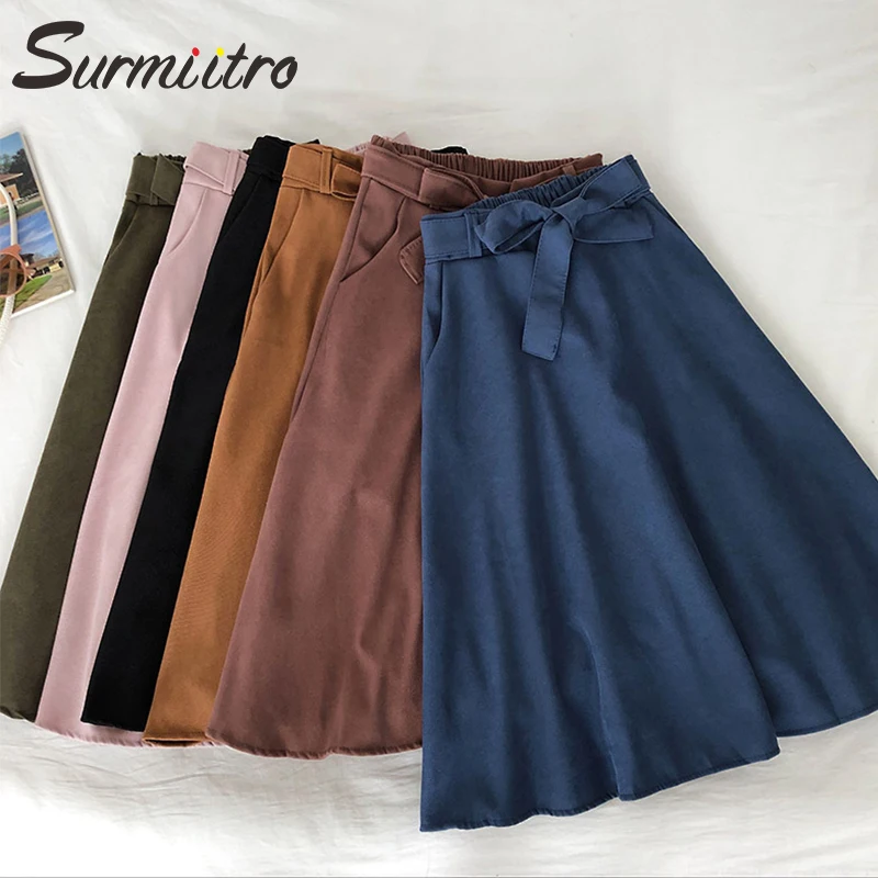 

FAKUNTN Midi Skirt Women For Autumn Winter 2021 Fashion Casual Ladies Koeran Blue Pink Green High Waist Skirt Female