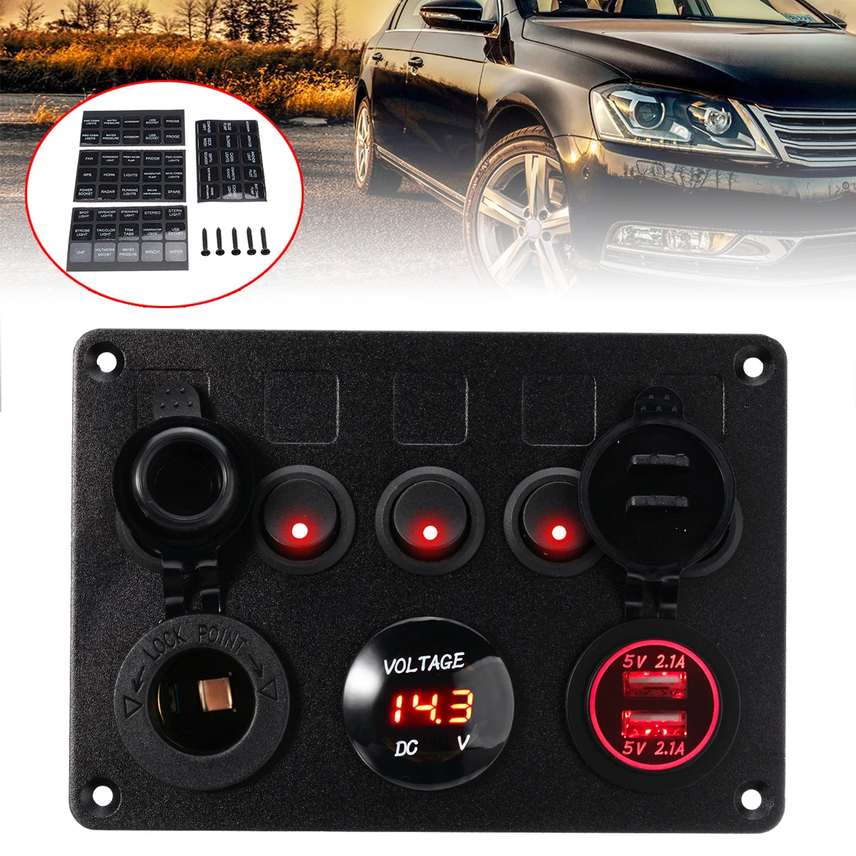 

1pc 5 Gang ON-OFF Toggle Switch Rocker Toggle Switch Panel 2 USB 12-24V Ports Red LED Voltmeter For Car SUV Marine RV Truck